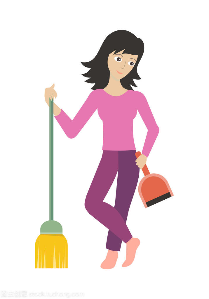 工作人員的清潔公司與簸箕和掃帚